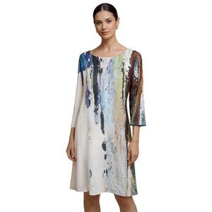 LE GALERISTE Women's Wearable Art 3/4 Sleeve Shift Dress White Size Large